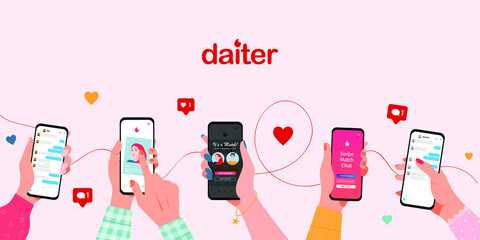 Online dating service application. Hands holding smartphone with dating app. Modern young people looking for a couple. Concept of social media, virtual relationship communication. Dating app design