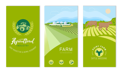 A set of banners with the concept of agriculture, crop production, and farming. Vector illustrations of farmland, rural landscape, tractor in the field.