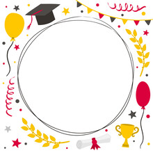 Round Graduation Frame With Doodle Style Elements. Hand Drawn Holiday Background With Flags, Balloons, Laurel Branches, Stars And A Graduate Cap. Vector Illustration.
