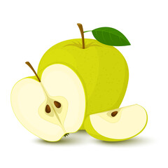 Wall Mural - apple. composition with whole, half and sliced green apples isolated on white background. flat carto