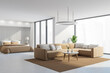 © ImageFlow - Light bedroom interior with sofa and bed on concrete floor, mockup