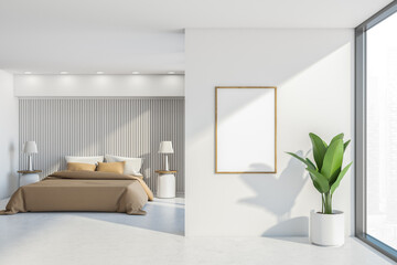 Wall Mural - White and beige bedroom interior with bed and linens near window, mockup poster