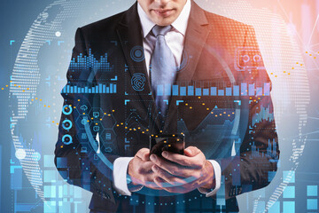 Poster - Front view businessman in suit hold smartphone touching the scre