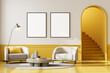 Bright living room interior with armchairs on yellow floor, mockup posters