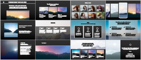 Wall Mural - Vector templates for website design, presentations, portfolio, presentation slides, brochure cover, report. Fog, sunrise in morning and sunset in evening. Nature landscape backgrounds with mountains.
