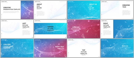 Presentation design vector templates, multipurpose template for presentation slide, flyer, brochure cover design, infographic report. Polygonal science background with connecting dots and lines.