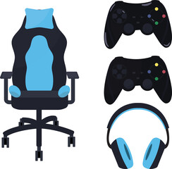 Set of gaming equipment- controller (joystick), headset (headphones) and gaming chair. Drawn in blue and black, minimalist style. 