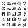 © blankstock - Whistle, Waves and Sun icons. Customisation, Global warming and Question mark signs. Signature Rfp, Information and Efficacy icons. Waves, Consolidation and Operational excellence. Vector