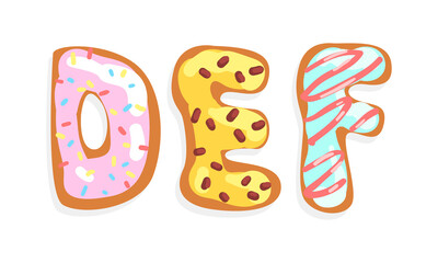 Wall Mural - DEF Cookie Alphabet Letters, Sweet Glazed Baking Biscuit Font Cartoon Vector Illustration