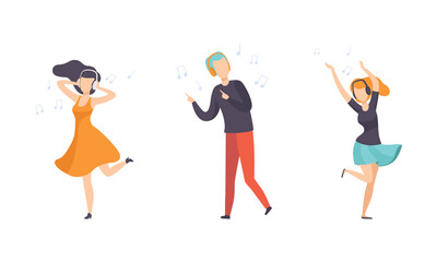 Poster - Set of Happy People Listening to Music and Dancing, People Wearing Headphones Enjoying of Listening Music with Audio Player Flat Vector Illustration