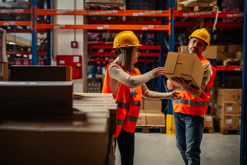 Wall Mural - Man and woman working together in a warehouse