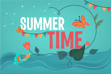 Summer time, text on a blue background, with flowers, sky, stars, river and fish. Vector illustration, banner for the festival, travel cover.