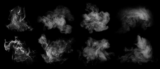 Fog or smoke set isolated on black background. White cloudiness, mist or smog background.