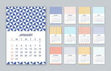 2022 Calendar. Vector. Week Starts Sunday. Calender Template. Yearly Organizer With 12 Month. Wall Year Layout With Geometric Prints. Portrait Vertical Orientation, English. Simple Illustration