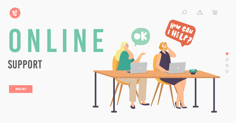 Wall Mural - online customer support service landing page template. technical receptionist girls in headset chatt