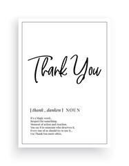 Wall Mural - Thank you definition, vector. Minimalist poster design. Wall decals, thank you noun description. Wording Design isolated on white background, lettering. Wall art artwork. Modern poster design in frame