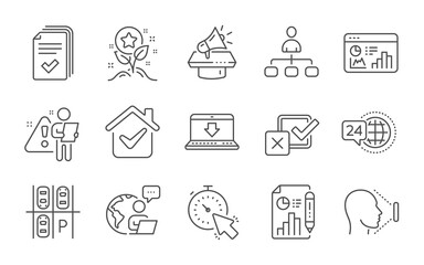 timer, handout and megaphone line icons set. 24h service, report document and management signs. loya