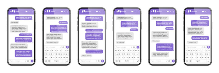 Realistic smartphone with messaging app. SMS text frame. Messenger chat screen with violet message bubbles and placeholder text. Social media application. Vector illustration.