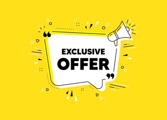 Wall Mural - Exclusive offer. Megaphone yellow vector banner. Sale price sign. Advertising discounts symbol. Thought speech bubble with quotes. Exclusive offer chat think megaphone message. Vector