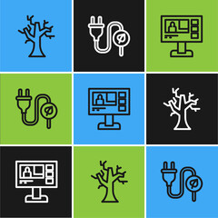 Sticker - Set line Withered tree, Television report and Electric saving plug in leaf icon. Vector