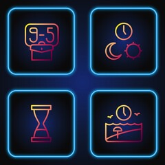 Sticker - Set line Vacation time, Old hourglass with sand, From 9 and Day night. Gradient color icons. Vector