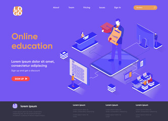 Leinwandbilder - Online education isometric landing page. Distance learning service, professional courses and skills development isometry web page. Website flat template, vector illustration with people characters.