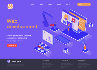 Leinwandbilder - Web development isometric landing page. Full stack development, software engineering, design and programming isometry web page. Website flat template, vector illustration with people characters.