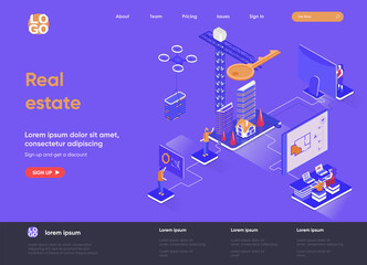 Poster - Real estate isometric landing page. Real estate engineering and construction company, buy, rent and mortgage services isometry web page. Website template, vector illustration with people characters.