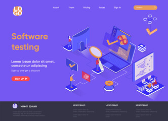 Leinwandbilder - Software testing isometric landing page. Software testing and quality assurance, search of bugs and analysis process isometry web page. Website template, vector illustration with people characters.