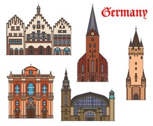 Germany, Hamburg, Munich And Frankfurt Architecture Buildings, Vector Travel Landmarks. Railway Station Hauptbahnhof, Romer City Hall In Frankfurt Am Main, Eschenheim Tower And Saint Peter Church