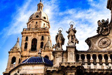 Wall Mural - Tower bell, sculptures and carved stone details of the Cathedral of Murcia