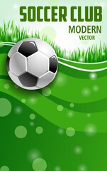 Wall Mural - Soccer poster with green field grass and realistic 3d ball. Football club championship or tournament game vector invite card. Soccer sport league, team or fan club invitation, sport event announcement