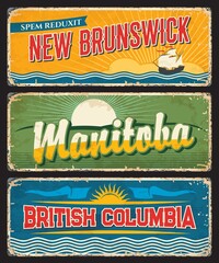 New Brunswick, Manitoba and British Columbia provinces and regions of canada vector plates. Canadian provinces vintage banners of regional flags, setting sun, blue white waves and lymphad or galley