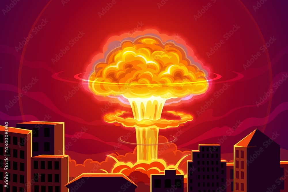 Atomic bomb explosion in city cartoon vector background. Nuclear power plant accident, mass destruction weapon at war conflict. Nuclear explosion blast and mushroom cloud, city buildings in fire - obrazy, fototapety, plakaty 