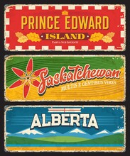 Prince Edward Island, Saskatchewan And Alberta Canadian Provinces And Regions. Vector Plates With Flags Of Canada Provinces, Prairie Lily, Oak Tree Leaves, Rocky Mountains And White Red Cross