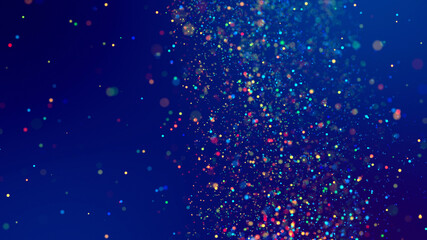 Wall Mural - cloud of multicolored particles fly in air slowly or float in liquid like sparkles on dark blue back