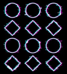 Aufkleber - Screen glitch effect on geometric figures. Distorted circle, square or rhombus with screen pixels digital noise. Cyberpunk, 80s retro vector design elements with neon halo or aureola light