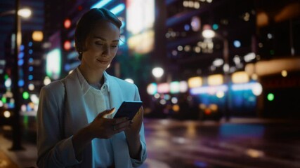 Wall Mural - Beautiful Young Woman Using Smartphone Walking Through Night City Street Full of Neon Light. Portrait of Gorgeous Smiling Female Using Mobile Phone, Posting Social Media, Online Shopping, Texting