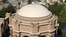 Aerial Drone Footage Of The Palace Of Fine Arts In The Marina District Overlooking The San Francisco Bay - California 