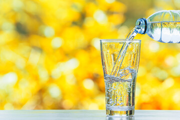 Wall Mural - hand pouring water in bottle in to glass with sunshine on blur green backgound