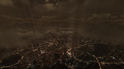 Wall Mural - light pollution: rays of light over a city towards the clouds as seen from a plane flying at night