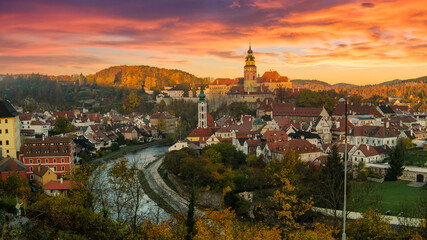 Sticker - Old town in Cesky Krumlov The Czech Republic, the twilight sky at dawn, the panoramic view of the city in autumn is very beautiful. Viewpoint from a high angle overlooking the city and river.