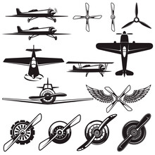 Set Of Airplanes, Propellers. Aviation Design Elements For Logo, Label, Sign, Emblem. Vector Illustration