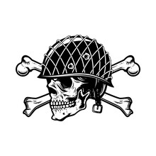 Illustration Of Soldier Skull In Military Helmet With Crossed Bones. Design Element For Logo, Label, Sign, Emblem. Vector Illustration