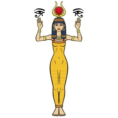 Animation color portrait: Egyptian goddess Isis with horns and sun disk on her head holds sacred symbols of the eye Horus. Full growth. Vector illustration isolated on a white background.