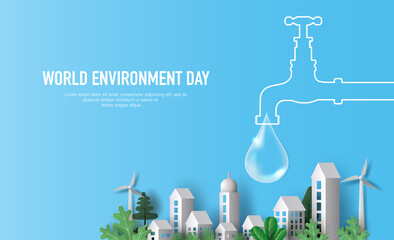 Wall Mural - World Environment Day, a tap with water drop and city background. Paper illustration and 3d paper.