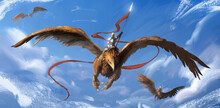 A Knight In Shining Iron Armor Flies On A Huge Griffin, Holding A Spear With A Red Long Log, Against The Background Of A Blue Sky With Clouds, His Comrades Fly. 2d Illustration