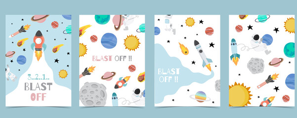 Collection of space background set with astronaut, sun, moon, star,rocket.Editable vector illustration for website, invitation,postcard and sticker.Include wording blast off