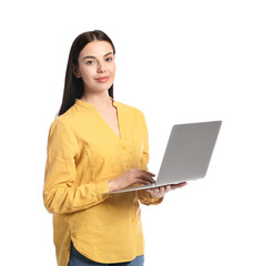 Beautiful young woman with laptop on white background