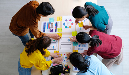 Wall Mural - brainstorm planing creative asian teamwork, group of asia mobile phone app developer team meeting fo